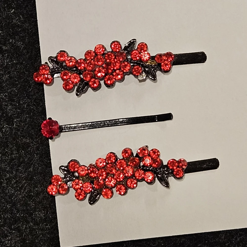 Set of 3 Ruby Red Rhinestone hair pins Special Occasion Bun Braid Prom Party